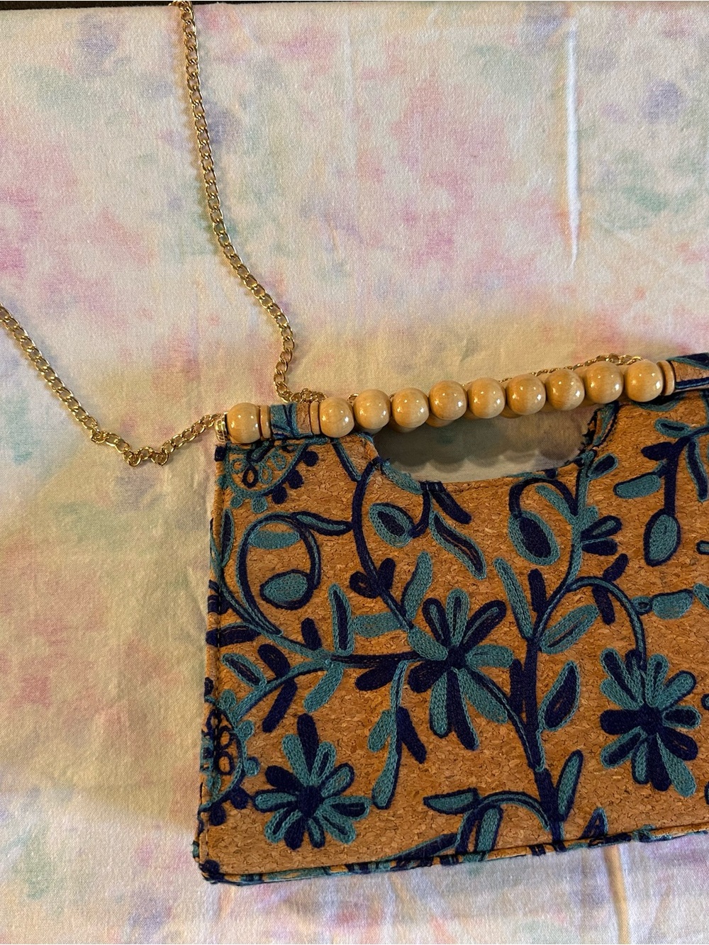 Embroidered Floral Clutch with Beaded Handle in Mustard and Blue -